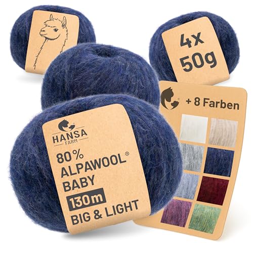 HANSA-FARM |Alpawool 80% Baby Alpaka Big & Light 200g Set (4 x 50g) leichte und kratzfreie Wolle zum Stricken & Häkeln - HF236 Dunkelblau Melange von HANSA-FARM