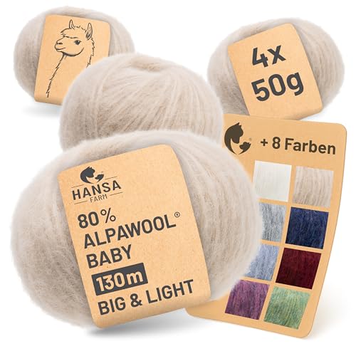 HANSA-FARM |Alpawool 80% Baby Alpaka Big & Light 200g Set (4 x 50g) leichte und kratzfreie Wolle zum Stricken & Häkeln - NFA02 Beige von HANSA-FARM