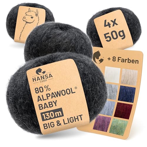 HANSA-FARM |Alpawool 80% Baby Alpaka Big & Light 200g Set (4 x 50g) leichte und kratzfreie Wolle zum Stricken & Häkeln - NFA14 Anthrazit von HANSA-FARM
