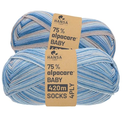 HANSA-FARM |alpacare 75% waschbare Baby Alpaka Socks 224g Set (2 x 112g) Sockenwolle kratzfreie Wolle zum Stricken & Häkeln - SE4 Blue Breeze von HANSA-FARM