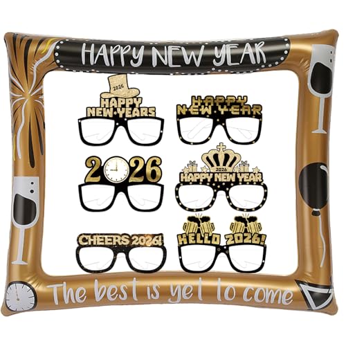 2026 Happy New Years Eve Party Supplies New Year Photo Booth Props Set 1 Large NYE Photo Booth Frame and 6 Happy New Year Glasses Happy New Year Eve Photo Props Black Gold 2026 New Years Decorations von HANSAMU