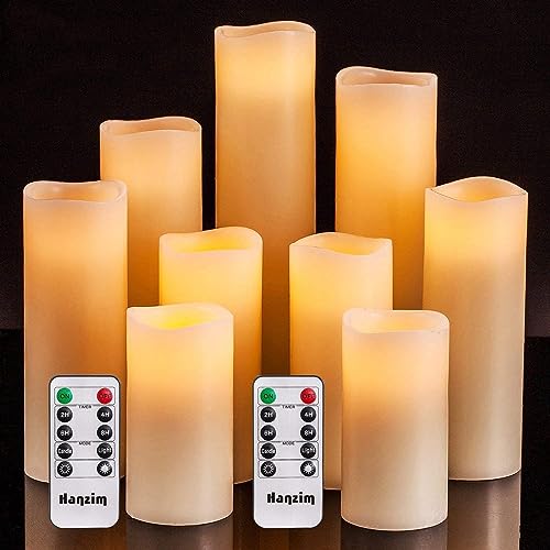 Hanzim LED Kerzen Set von 9 Flammenlose Kerzen Batteriebetriebene Kerzen D2.2xH 4 "5" 6 "7" 8 "9" Echtwachssäule Kerzen Flackern mit Fernbedienung und Timer-Steuerung, Elfenbein Farbe（9x1） von Hanzim