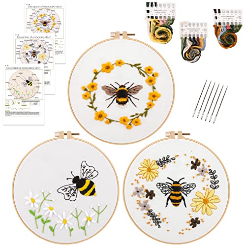 HAOCOO 3 Sets Stickset für Anfänger, Kreuzstich-Sets mit Blumen- und Bienen-Muster und Anleitung (evtl. nicht in deutscher Sprache), Stickrahmen, Farbfäden und Werkzeug (Biene) von HAOCOO