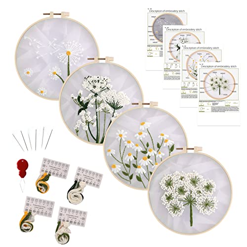 HAOCOO Stickerei-Starter-Set für Anfänger mit 3 Sticktuch, 3 Stickrahmen, Fäden und Nadeln (Spinnende Gänseblümchen) von HAOCOO