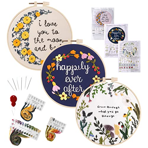 HAOCOO Stickerei-Starter-Set für Anfänger mit 3 Sticktuch, 3 Stickrahmen, Fäden und Nadeln (Buchstabe Blume) von HAOCOO