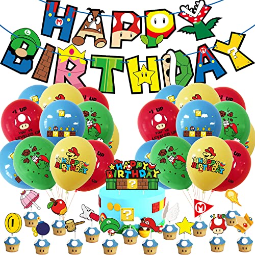 Super Mario Thema Party Dekoration,Video Game Party Zubehör,Super Mario Geburtstag Gaming Deko,Happy Birthday Banner Luftballons Cake Topper für Jungen Kinder Mehrweg (Game) von HAODI