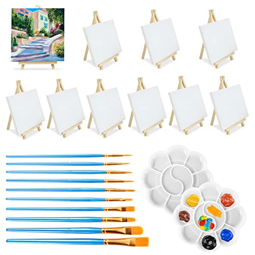 32Pcs Mini Staffeleien mit Kunst Leinwand, HAOTIAN-X 10 kleine Künstler Dreieck Staffeleien mit 10 Leinwand, 10 Pinsel, Leinwands Malerei Stand Kit für Kunst Party Zeichnung von HAOTIAN-X