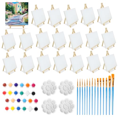 82 Stück Mini-Leinwand und Staffelei-Set, einstellbares Leinwand-Mal-Set, 20 Staffeleien mit 20 Leinwänden, 14 Pinseln, 4 Paletten und 24 Acrylfarben, Zeichenständer-Set für Zeichnung, Ölmalerei von HAOTIAN-X