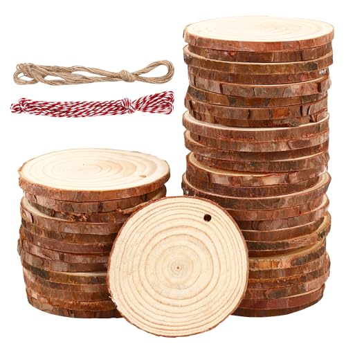 40 Stück Holzscheiben 7-8 cm,Rund Holzscheiben zum Basteln mit zwei Baumwollschnüren,Holzscheibe aus Holz mit Löchern,Baumscheiben Unvollendete,für Heimwerken,Basteln,Hochzeiten,Feiertagsdekorationen von HAOYULUO