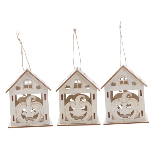 HAPINARY 3 Stück Teiliges Halloween Holz Kürbishaus Deko Set zum Bemalen DIY Holz Anhänger Handliche Mini-holzdeko für Vielseitige Halloween Hängedekoration Robustes Holzmaterial von HAPINARY