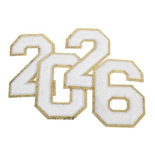 HAPINARY 4 Stück Chenille Zahlen-patches Weiß mit Goldrand Bestickte Polyester Aufbügelzahlen Weiche Strapazierfähige DIY Applikationen für Kleidung Rucksäcke Hüte für Sportteams und von HAPINARY