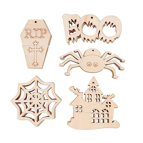 HAPINARY 50 Stück Halloween Ornamente, Dekorative Holzscheiben, Halloween Schmuck, Natürliche Holzscheiben, Mehrzweck Holzspäne, Holzdekor, Halloween Themen Holzspäne, DIY Holzbretter von HAPINARY