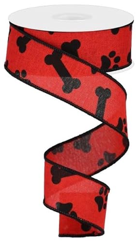 Band mit Pfotenabdruck, Drahtrand, 9,1 m, 3,8 cm Pfotenabdruck, Knochen-Druck, Rot, Schwarz Band mit Pfotenabdruck, Drahtrand, 9,1 m, 3,8 cm Pfotenabdruck, Knochen-Druck, Rot, Schwarz von HAPPY DEALS ~