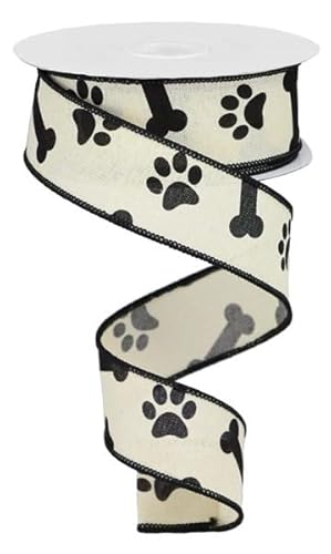 Band mit Pfotenabdruck, Drahtrand, 9,1 m, 3,8 cm Pfotenabdruck, Knochen-Druck, cremefarben, Schwarz Band mit Pfotenabdruck, Drahtrand, 9,1 m, 3,8 cm Pfotenabdruck, Knochen-Druck, cremefarben, Schwarz von HAPPY DEALS ~