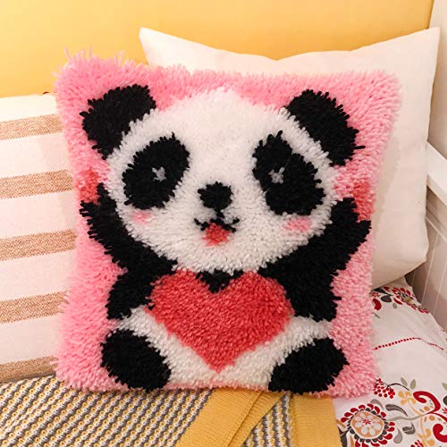 HAPYPando Latch Hook Kits Knüpfkissen für Kinder und Erwachsene zum Selber Knüpfen DIY Kissen Pink Panda Cute 43x43 cm von HAPYPando