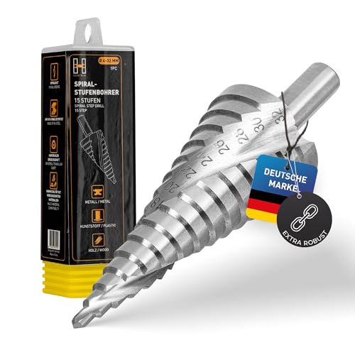 Hardtwerk Stufenbohrer | Kegelbohrer Ø 4-32mm |aus Hochwertiger HSS | Universelle Dreieckiger Schaft | Schälbohrer ideal für Metall, Holz, kunststoff | 15 Stufen Konusbohrer | Lang anhaltende Schärfe Hardtwerk Stufenbohrer | Kegelbohrer Ø 4-32mm |aus Hochwertiger HSS | Universelle Dreieckiger Schaft | Schälbohrer ideal für Metall, Holz, kunststoff | 15 Stufen Konusbohrer | Lang anhaltende Schärfe von HARDTWERK