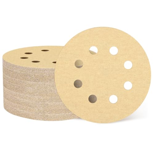 HARFINGTON 200 Stück 12,7 cm Schleifscheiben, Körnung 180, Klett-Schleifpapier, 8-Loch-Aluminiumoxid, runde Exzenterschleifer, Schleifpapier für Holzbearbeitung, Automobil, Metallpolitur, Gelb, 200 von HARFINGTON