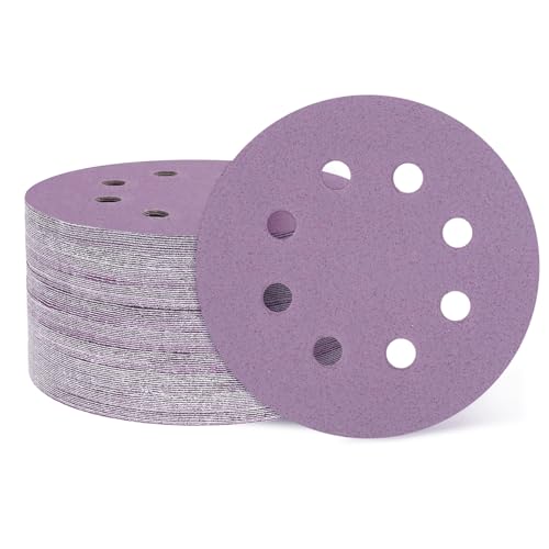 HARFINGTON 50 Stück 12,7 cm Schleifscheiben, 8 Löcher, Körnung 60, Klett-Schleifpapier, Exzenterschleifer-Pads für Holzbearbeitung, Automobil, Metallpolitur, Lila, 50 Stück von HARFINGTON