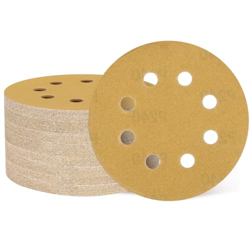 HARFINGTON 60 Stück 12,7 cm Schleifscheiben, 8 Löcher, Körnung 240, Klett-Schleifpapier, Exzenterschleifer-Pads für Holzbearbeitung, Automobil, Metallpolitur, Gelb, 60 Stück von HARFINGTON