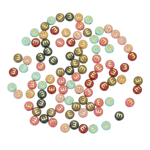HARFINGTON Acryl-Buchstaben-Perlen, 4 x 7 mm, bunt, rund, Alphabet-Perlen mit goldenem Buchstaben E, flache Alphabet-Abstandshalter für Schmuckherstellung, Armbänder, Halsketten, 100 Stück von HARFINGTON
