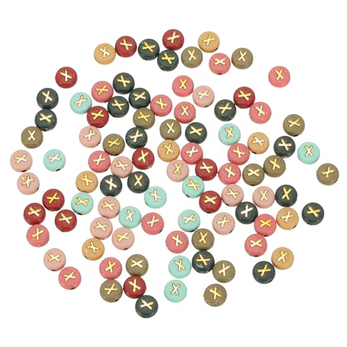 HARFINGTON Acryl-Buchstaben-Perlen, 4 x 7 mm, bunt, rund, Alphabet-Perlen mit goldenem Buchstaben X, flache Alphabet-Abstandshalter für Schmuckherstellung, Armbänder, Halsketten, 100 Stück von HARFINGTON