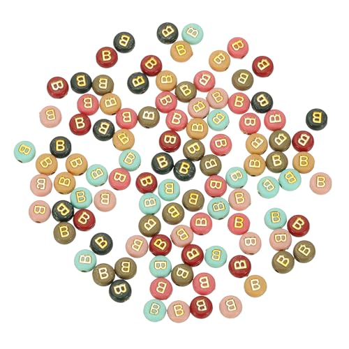 HARFINGTON Acryl-Buchstaben-Perlen, 4 x 7 mm, bunt, rund, mit goldenem Buchstaben B, flache Alphabet-Abstandshalter für Schmuckherstellung, Armbänder, Halsketten, 100 Stück von HARFINGTON