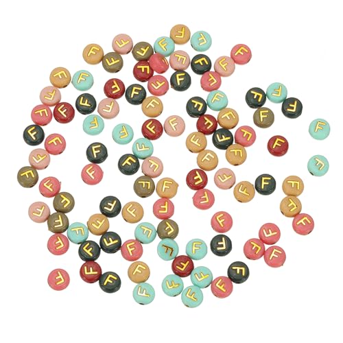 HARFINGTON Acryl-Buchstaben-Perlen, 4 x 7 mm, bunt, rund, mit goldenem Buchstaben F, flache Alphabet-Abstandshalter für Schmuckherstellung, Armbänder, Halsketten, 100 Stück von HARFINGTON
