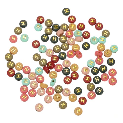 HARFINGTON Acryl-Buchstaben-Perlen, 4 x 7 mm, bunt, rund, mit goldenem Buchstaben H, flache Alphabet-Abstandshalter für Schmuckherstellung, Armbänder, Halsketten, 100 Stück von HARFINGTON