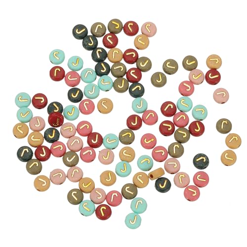 HARFINGTON Acryl-Buchstaben-Perlen, 4 x 7 mm, bunt, rund, mit goldenem Buchstaben J, flache Alphabet-Abstandshalter für Schmuckherstellung, Armbänder, Halsketten, 100 Stück von HARFINGTON