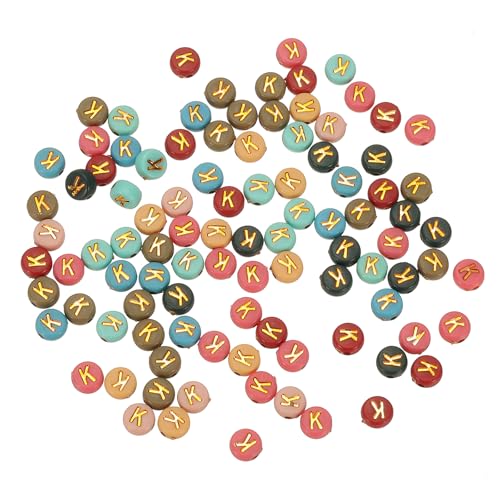 HARFINGTON Acryl-Buchstaben-Perlen, 4 x 7 mm, bunt, rund, mit goldenem Buchstaben K, flache Alphabet-Abstandshalter für Schmuckherstellung, Armbänder, Halsketten, 100 Stück von HARFINGTON