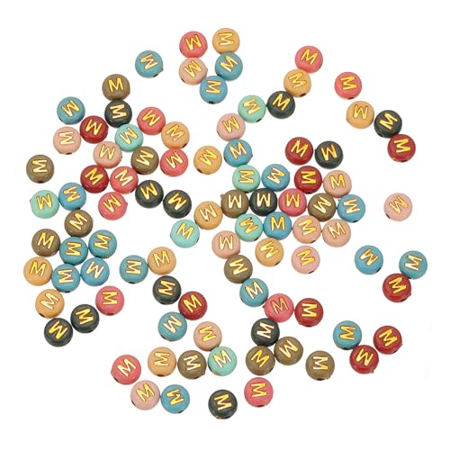 HARFINGTON Acryl-Buchstaben-Perlen, 4 x 7 mm, bunt, rund, mit goldenem Buchstaben M, flache Alphabet-Abstandshalter für Schmuckherstellung, Armbänder, Halsketten, 100 Stück von HARFINGTON