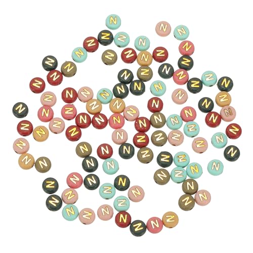 HARFINGTON Acryl-Buchstaben-Perlen, 4 x 7 mm, bunt, rund, mit goldenem Buchstaben N, flache Alphabet-Abstandshalter für Schmuckherstellung, Armbänder, Halsketten, 100 Stück von HARFINGTON