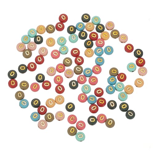 HARFINGTON Acryl-Buchstaben-Perlen, 4 x 7 mm, bunt, rund, mit goldenem Buchstaben O, flache Alphabet-Abstandshalter für Schmuckherstellung, Armbänder, Halsketten, 100 Stück von HARFINGTON
