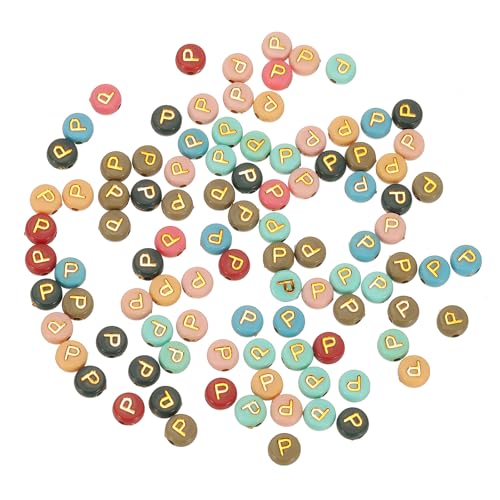 HARFINGTON Acryl-Buchstaben-Perlen, 4 x 7 mm, bunt, rund, mit goldenem Buchstaben P, flache Alphabet-Abstandshalter für Schmuckherstellung, Armbänder, Halsketten, 100 Stück von HARFINGTON
