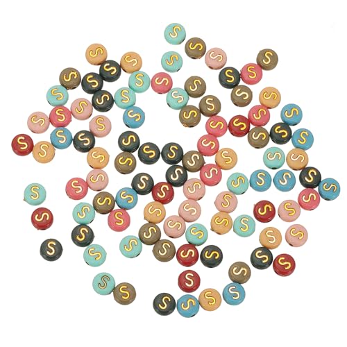 HARFINGTON Acryl-Buchstaben-Perlen, 4 x 7 mm, bunt, rund, mit goldenem Buchstaben S, flache Alphabet-Abstandshalter für Schmuckherstellung, Armbänder, Halsketten, 100 Stück von HARFINGTON
