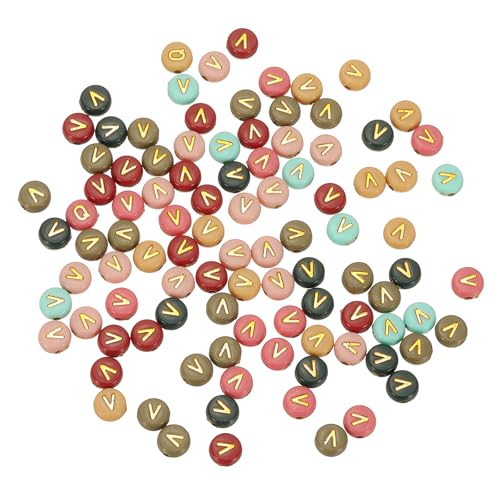 HARFINGTON Acryl-Buchstaben-Perlen, 4 x 7 mm, bunt, rund, mit goldenem Buchstaben V, flache Alphabet-Abstandshalter für Schmuckherstellung, Armbänder, Halsketten, 100 Stück von HARFINGTON