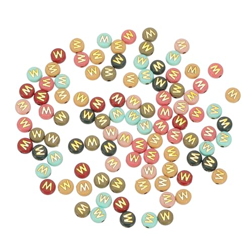 HARFINGTON Acryl-Buchstaben-Perlen, 4 x 7 mm, bunt, rund, mit goldenem Buchstaben W, flache Alphabet-Abstandshalter für Schmuckherstellung, Armbänder, Halsketten, 100 Stück von HARFINGTON