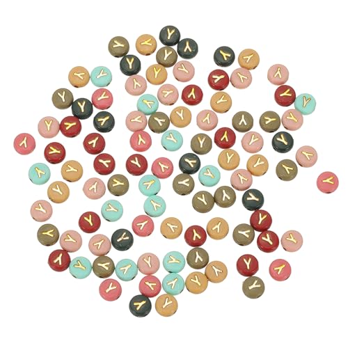 HARFINGTON Acryl-Buchstaben-Perlen, 4 x 7 mm, bunt, rund, mit goldenem Buchstaben Y, flache Alphabet-Abstandshalter für Schmuckherstellung, Armbänder, Halsketten, 100 Stück von HARFINGTON