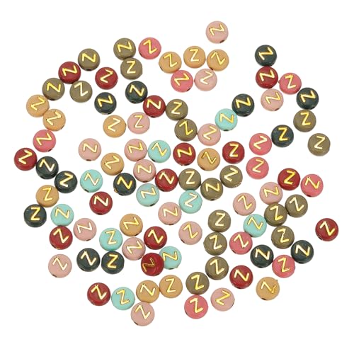 HARFINGTON Acryl-Buchstaben-Perlen, 4 x 7 mm, bunt, rund, mit goldenem Buchstaben Z, flache Alphabet-Abstandshalter für Schmuckherstellung, Armbänder, Halsketten, 100 Stück von HARFINGTON