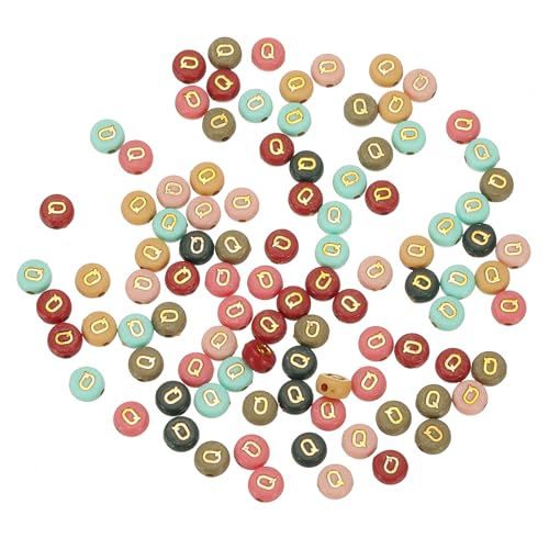 HARFINGTON Acryl-Buchstabenperlen, 4 x 7 mm, bunt, rund, Alphabet-Perlen mit goldenem Buchstaben Q, flache Alphabet-Abstandshalter für Schmuckherstellung, Armbänder, Halsketten, 100 Stück von HARFINGTON