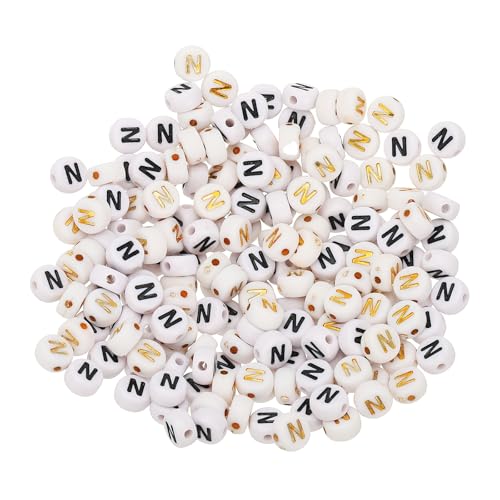 HARFINGTON Acryl-Buchstabenperlen, rund, weiß, Buchstabe N, Alphabet-Abstandshalter für Schmuckherstellung, Armbänder, Halsketten, 4 x 7 mm, 200 Stück von HARFINGTON