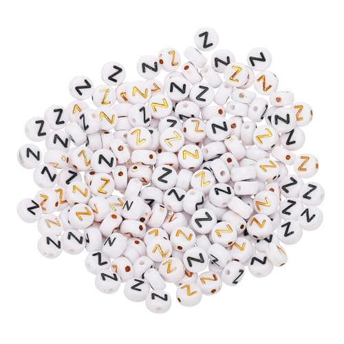 HARFINGTON Acryl-Buchstabenperlen, rund, weiß, Buchstabe Z, Alphabet-Abstandshalter für Schmuckherstellung, Armbänder, Halsketten, 4 x 7 mm, 200 Stück von HARFINGTON