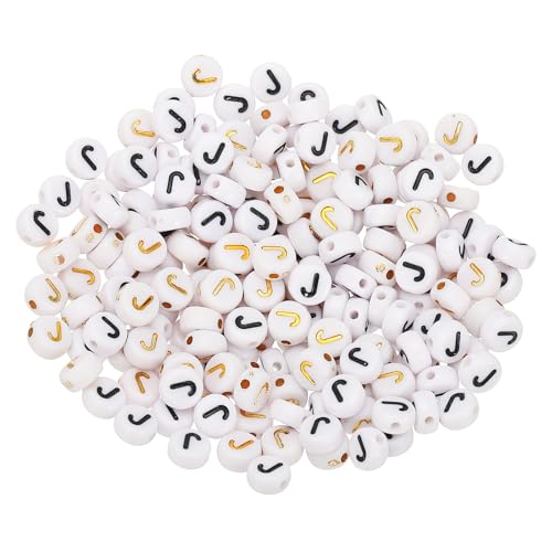 HARFINGTON Acryl-Buchstabenperlen, rund, weiß, Buchstaben-Perlen, Buchstabe J, Alphabet-Abstandshalter für Schmuckherstellung, Armbänder, Halsketten, 4 x 7 mm, 200 Stück von HARFINGTON