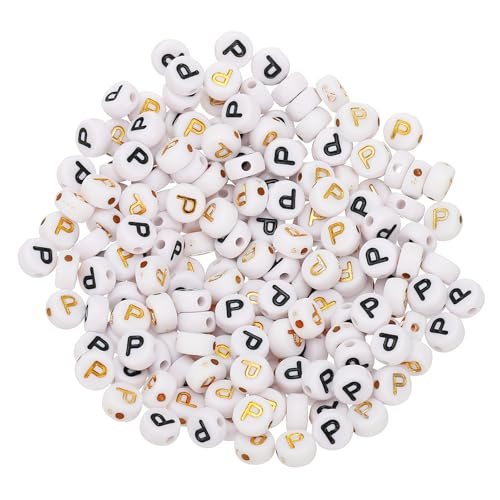 HARFINGTON Acryl-Buchstabenperlen, rund, weiß, Buchstaben-Perlen, Buchstabe P, Alphabet-Abstandshalter für Schmuckherstellung, Armbänder, Halsketten, 4 x 7 mm, 200 Stück von HARFINGTON