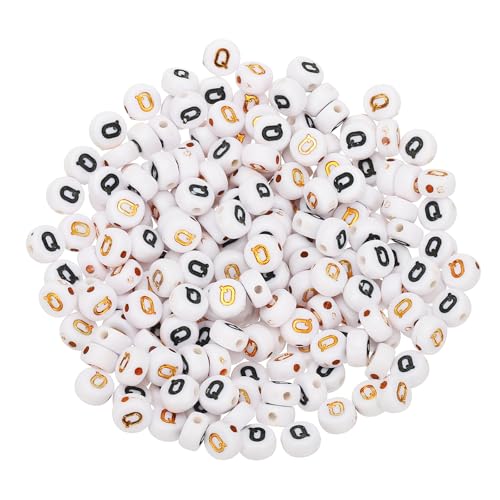 HARFINGTON Acryl-Buchstabenperlen, rund, weiß, Buchstaben-Perlen, Buchstabe Q, Alphabet-Abstandshalter für Schmuckherstellung, Armbänder, Halsketten, 4 x 7 mm, 200 Stück von HARFINGTON