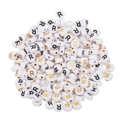 HARFINGTON Acryl-Buchstabenperlen, rund, weiß, Buchstaben-Perlen, Buchstabe R, Alphabet-Abstandshalter für Schmuckherstellung, Armbänder, Halsketten, 4 x 7 mm, 200 Stück von HARFINGTON