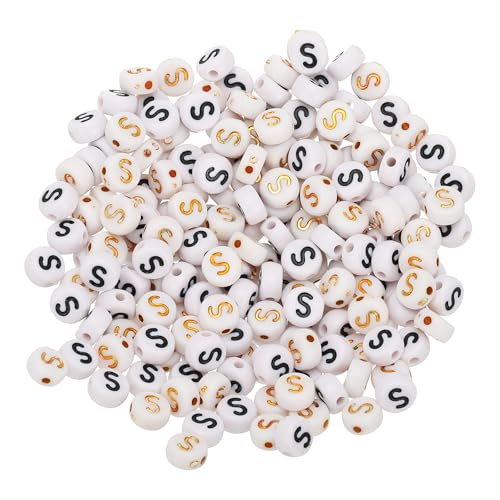 HARFINGTON Acryl-Buchstabenperlen, rund, weiß, Buchstaben-Perlen, Buchstabe S, Alphabet-Abstandshalter für Schmuckherstellung, Armbänder, Halsketten, 4 x 7 mm, 200 Stück von HARFINGTON