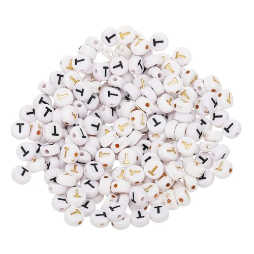 HARFINGTON Acryl-Buchstabenperlen, rund, weiß, Buchstaben-Perlen, Buchstabe T, Alphabet-Abstandshalter für Schmuckherstellung, Armbänder, Halsketten, 4 x 7 mm, 200 Stück von HARFINGTON