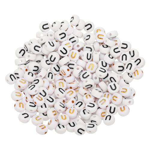 HARFINGTON Acryl-Buchstabenperlen, rund, weiß, Buchstaben-Perlen, Buchstabe U, Alphabet-Abstandshalter für Schmuckherstellung, Armbänder, Halsketten, 4 x 7 mm, 200 Stück von HARFINGTON