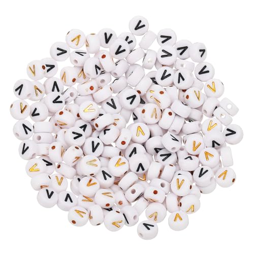 HARFINGTON Acryl-Buchstabenperlen, rund, weiß, Buchstaben-Perlen, Buchstabe V, Alphabet-Abstandshalter für Schmuckherstellung, Armbänder, Halsketten, 4 x 7 mm, 200 Stück von HARFINGTON